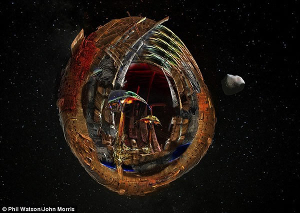 艺术概念图,展示了所谓的“世界飞船”。未来的世界飞船需要充分利用自身环境内的资源,以确保飞船上的人生存下去。此外,这种飞船还要充分利用小行星和太空垃圾,以提高自