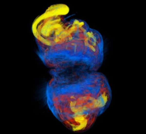 一颗超大质量恒星内核无法完全过渡至超新星爆炸,因为在其旋转轴存在不稳定性的“扭曲扰动”。