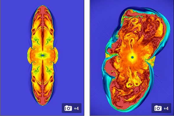 该模拟动画显示具有强磁场的快速旋转恒星的三维模型,它经历了内核崩溃和爆炸过程。