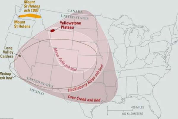 美国地质机构绘制的图像显示在过去210万年三次超级喷发的覆盖区域,如果其再次喷发,那么数百万人将面临迁徙