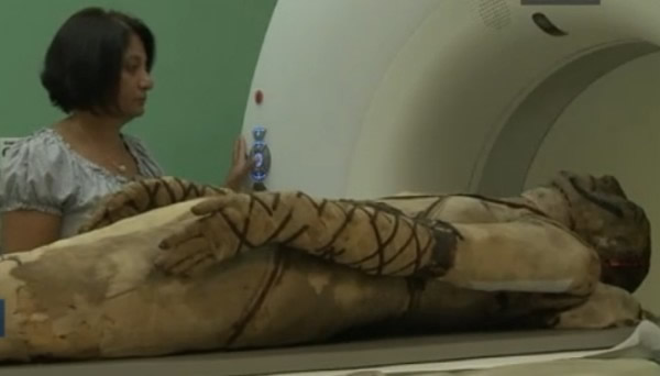 博物馆人员为木乃伊进行电脑断层扫描