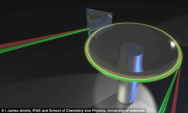 这项设备被称作“纳米-开尔文温度计”,这项技术中包含让一束红光和一束绿光沿一块碟状晶体边缘绕行数千次的做法。其精度极高,甚至可以感知物体内部原子的运动。