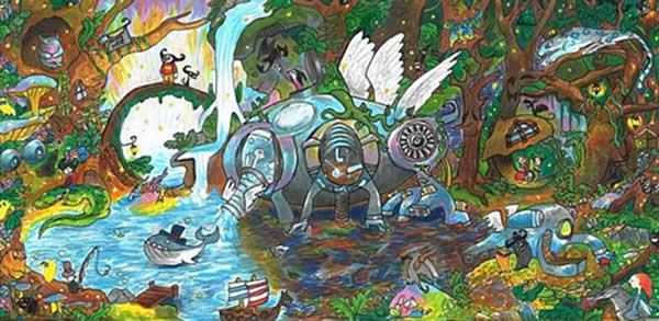 张天羽的作品,将Google标志置入其中,长了翅膀的净水系统,能净化河水、湖水和海水中的污水。