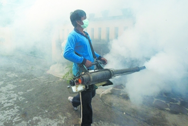 印度尼西亚巴厘岛,一位工人进行灭蚊工作,以防其引起的登革热。