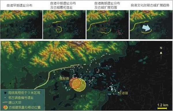 图中蓝色细线为复原后的原始3米等高线,显示了向东开口的古海湾地形特征以及古城四周低于3 m等高线的湖沼洼地.该图表达了古城(包括土坝)建造的时空关系。