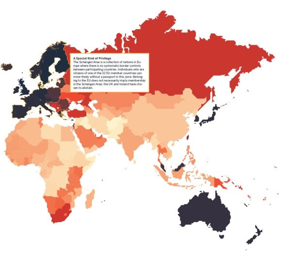 颜色愈深至偏黑国家,护照通行程度愈高。