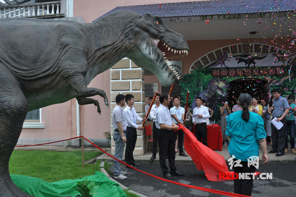 湖南省森林植物园党委书记王明旭为首届恐龙科普展揭幕