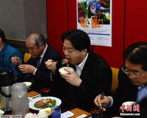 资料图:当地时间2014年6月9日,日本农业大臣林芳正在农业部餐厅享用鲸鱼肉,并呼吁民众多吃。