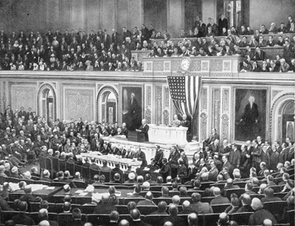 1918年,美国总统威尔逊在国会演讲中提出关于战后和平解决世界问题的“十四点原则”