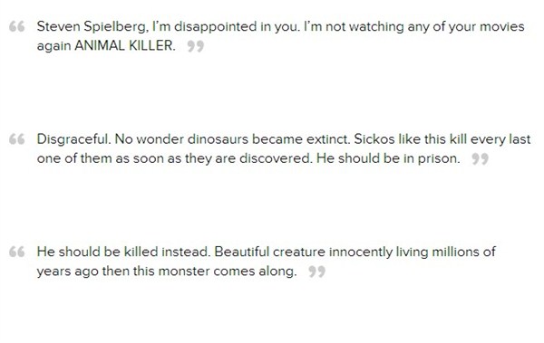 网友发言翻译:斯皮尔伯格,我对你失望了,我以后再也不看你这“动物杀手”的电影了!(这位似乎是信以为真了)