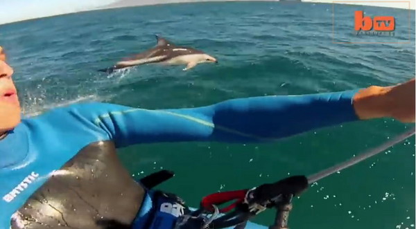 荷兰风筝冲浪手在南非开普敦飙浪时突然加入一群海豚伙伴