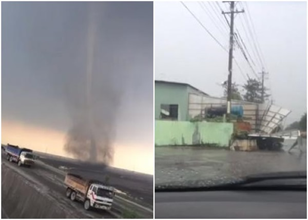 左图为龙卷风来势汹汹;右图为铁皮屋被强风摧毁。