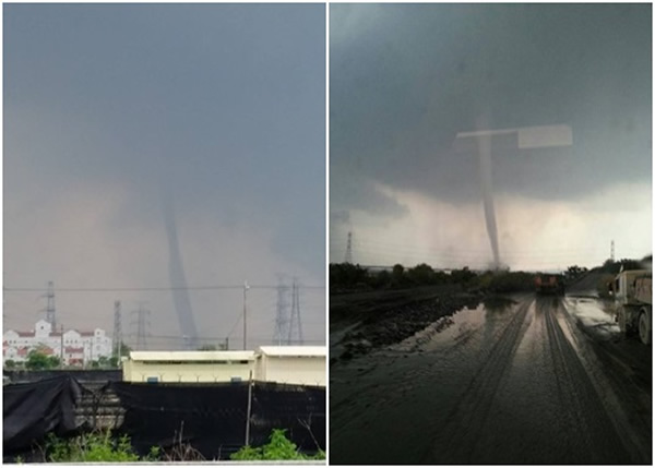 左图为龙卷风掠过民宅电线杆;右图为龙卷风来袭一刻,风云色变。