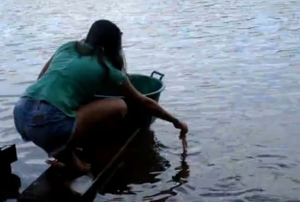 少女毫不畏惧地把诱饵放进水中