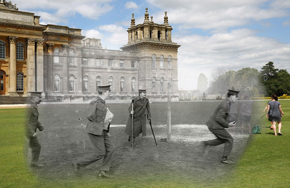 1916年,受伤士兵在牛津郡布莱尼姆宫外踢足球,与正站在南草坪上的游客照片合成。