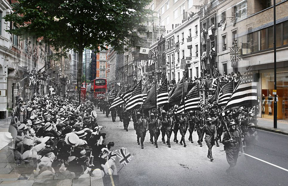 1918年,美国军队通过伦敦的斯隆街(Sloane Street),与今天的骑士桥(Knightsbridge)富人区照片合成。