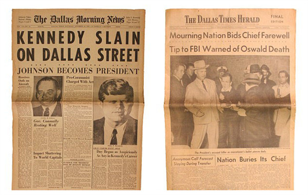 刊有肯尼迪遇刺事件的报纸也将被同期拍卖。