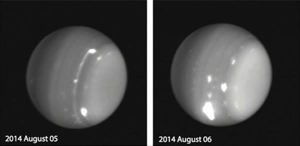 2014年8月5日和6日,凯克望远镜在夏威夷拍摄到的天王星上的巨型风暴。天文学家表示,这周观测到的明亮的风暴令他们“倍感吃惊”,尤其是一个被他们形容成是“骇人听