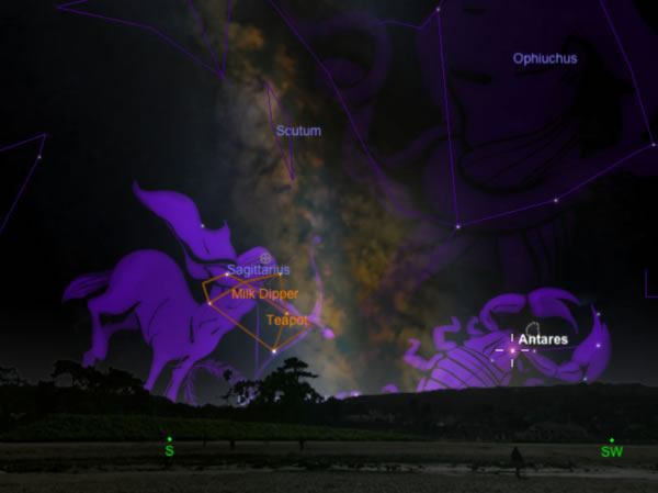 这个星图显示了在8月底的南方夜空中,人马座与其主星所形成的「茶壶」的位置。银河看起来就好像从壶嘴冒出的蒸气。 Credit: SkySafari