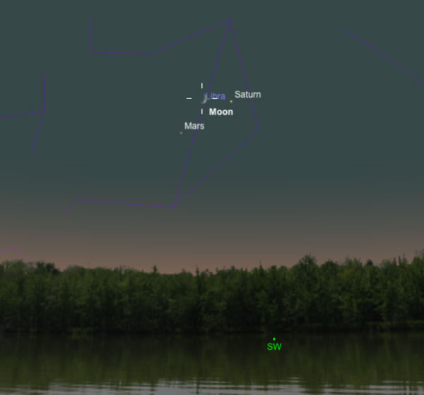 这幅插图显示月亮在8月31日的日落后不久与火星及土星形成三角画面的景象。 Credit: SkySafari