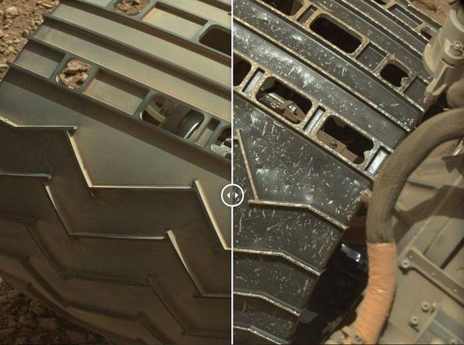 这是好奇号的车轮在火星日3天与火星日689天的对比照片