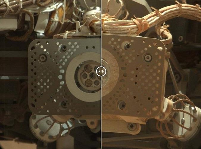 这是火星日32天和火星日674天好奇号阿尔法粒子X射线光谱仪的对比照片