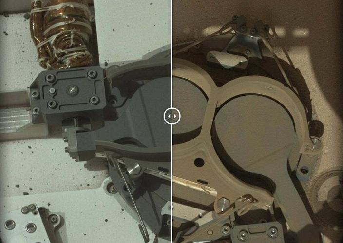 这是火星日14天和火星日653天,好奇号火星样本分析设备入口的两个盖子。