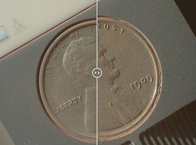 这是一枚1909年的美分硬币在火星日34天和591天的对比,这枚硬币用于校准车载摄像机。