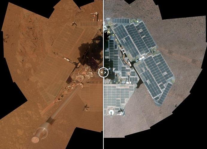 这是2014年1月和3月的火星漫游车机遇号,这是顺风带来的效果,风将灰尘吹离了机遇号的太阳能板,极大地增强了它的产能能力,而且让机遇号获得了新生。