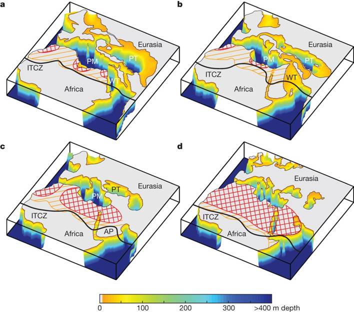 过去30Ma以来,特提斯海古地理和北非气候演化。(a)晚渐新世(大约3000万年前),(b)早中新世(大约2000万年前),(c)晚中新世(大约1000万年前)