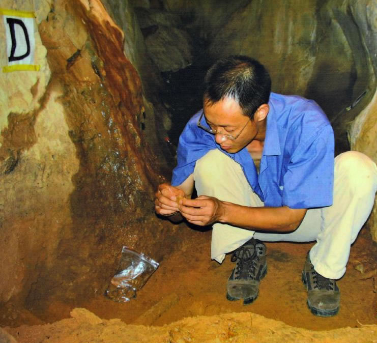 广西博物馆王頠研究员在么会洞进行考古研究