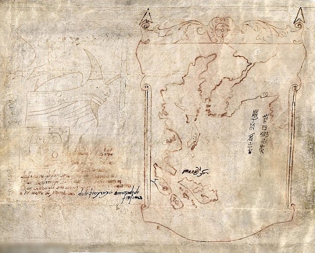 这张地图宣称是马可孛罗抵达北美洲后绘制而成,可见地图右上方为北美洲的西北部。