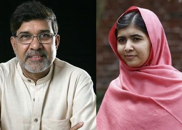 马拉拉(右)及印度权益分子萨蒂亚勒希(左)共夺和平奖