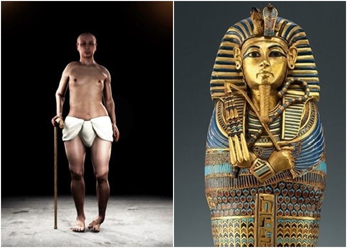 图坦卡门的外貌(图左),右图为其木乃伊官椁。