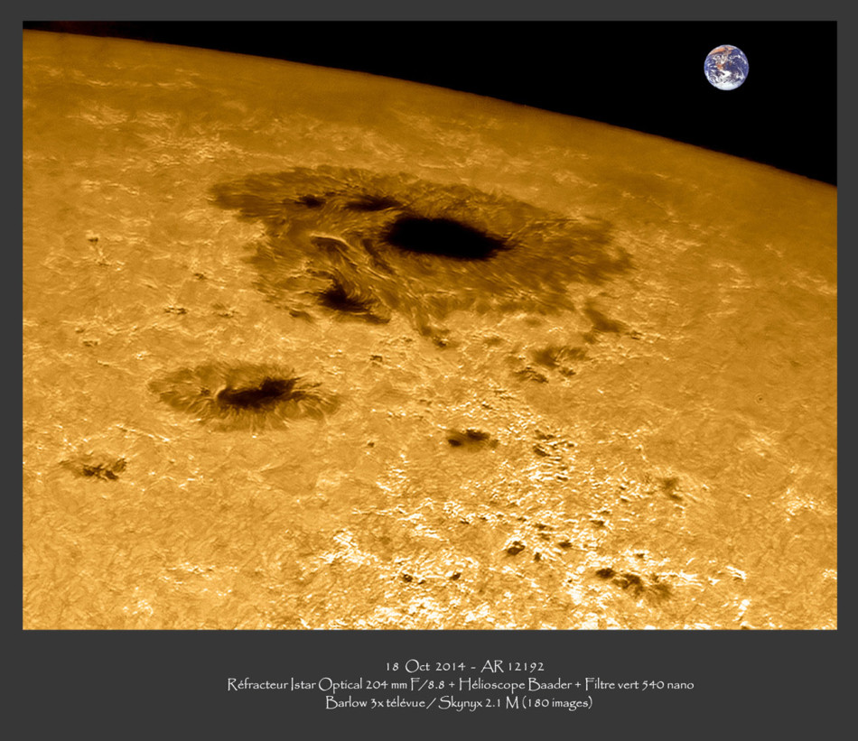 这张图像相当清晰地展现了这一黑子群的规模,背景上合成上了地球的大小,可以看到这个黑子的直径几乎是地球的两倍。拍摄的时间是10月18日