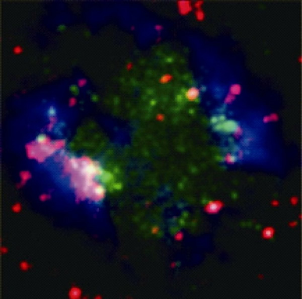 图1:星系Sextans A的多波段图像:蓝色部分代表的Very Large Array射电望远镜所探测到的氢原子质量分布,绿色是GALEX卫星所探测的来自大质