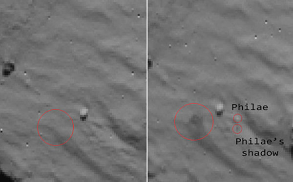 从图片中可以看到左侧有一团黑色的阴影,这是“菲莱”降落时掀起的尘土,也是它最初的登陆地点。右侧的亮点就是“菲莱”现在的位置,而下方的小黑点是它的阴影。