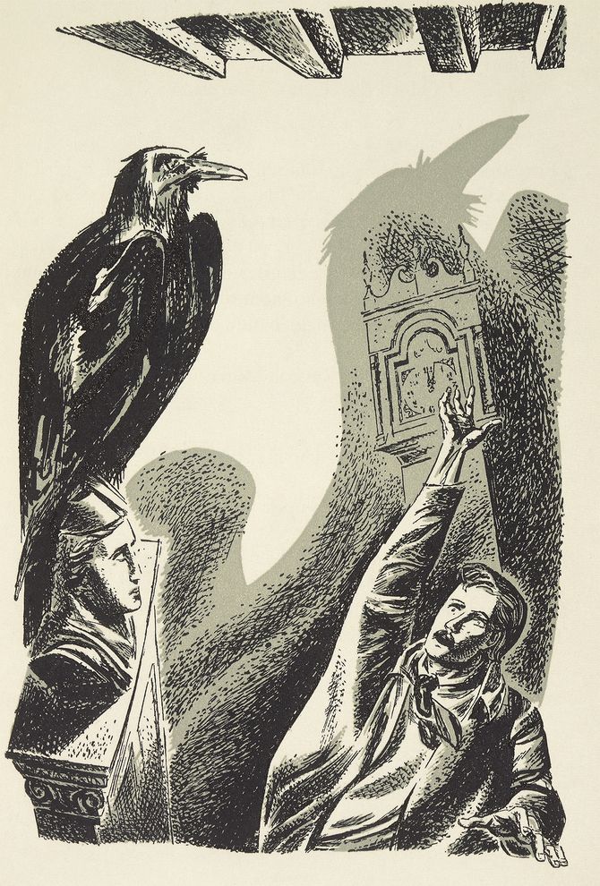 艾伦・坡曾在1845 年写过一首诗叫《乌鸦》,其中一句描写这只怒不可遏的鸟「蹲在我房门上方的一尊雅典娜胸像上」。照片为这首诗的插图。摄影:DeAg