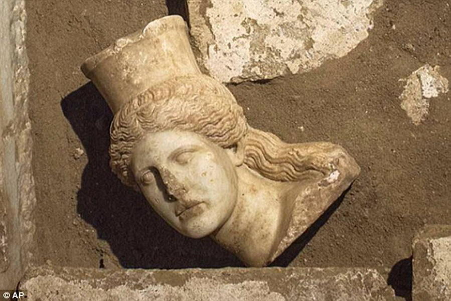 这是装饰在坟墓入口处的装饰性大理石狮身人像的头部,这个雕像遭到损坏,头部掉落在地面上。