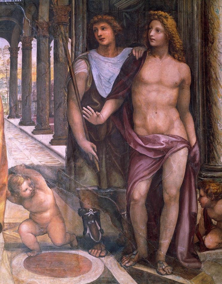 有些人猜测,葬在安菲波利斯王陵里的可能是亚历山大最亲密的朋友与爱人赫菲斯提安(图左,把手搭在婚姻之神Hymen 肩上)。摄影:DeAgostini, Getty