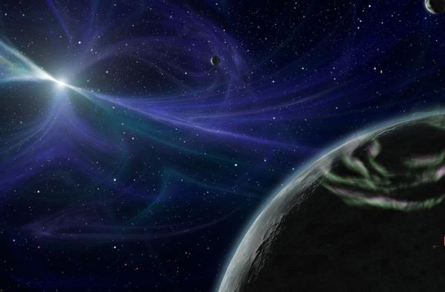 一颗系外行星围绕着脉冲星公转,受到脉冲星辐射的影响,其大气层发出明亮的极光(艺术图)