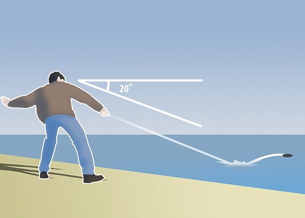 研究指以眼部水平面以下20度倾斜掷出石块,能做出最多次弹跳。