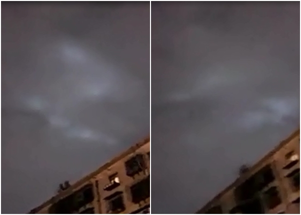 夜空出现的白色异物一时化成单一条“龙”飞舞(左图),一时分开变成两条“龙”盘旋(右图)。