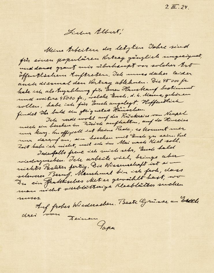 爱因斯坦一辈子都以德文书写,如这封写给儿子Hans Albert Einstein 的信件所示。摄影:Profiles in History, Corbis