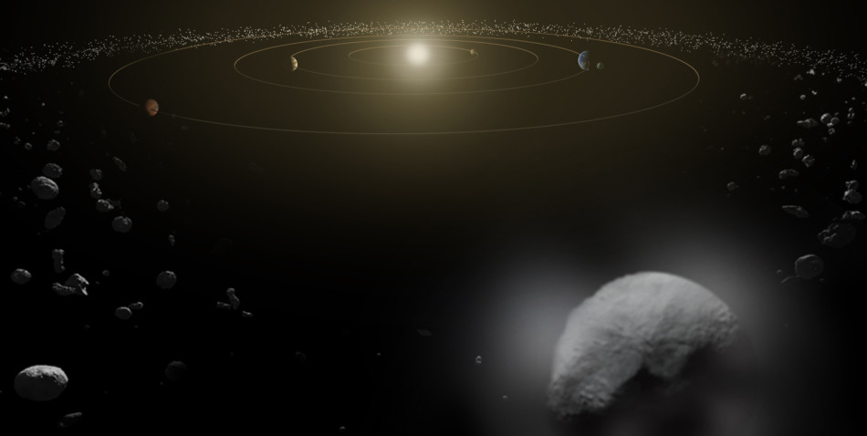 今年1月,赫歇尔太空天文台发现谷神星上出现了喷涌的水汽。谷神星是小行星带中最大的天体。在这张艺术想象图中,谷神星显得很大,而且呈球形,实际上它和冥王星一样都属于