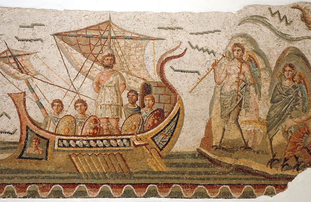 这幅公元3世纪的马赛克描绘尤里西斯(Ulysses,又名奥迪西斯)被绑在船的桅杆上倾听女海妖的歌声然后存活下来的画面。摄影:KPZFOTO, ALAMY