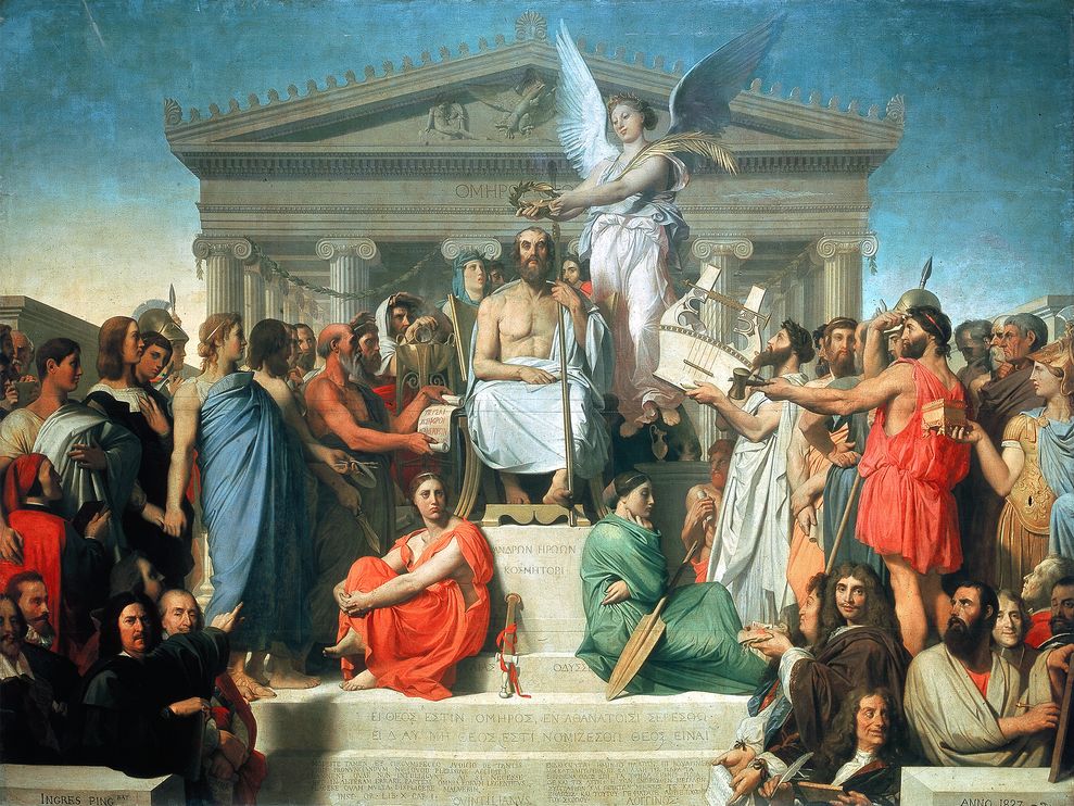 在罗浮宫的〈荷马礼赞〉(1827年)中,这位吟游诗人被神格化。他脚边的人物分别代表《伊里亚德》(红衣)与《奥德赛》(绿衣)。周围向他致敬的是西洋艺术与文学界的一