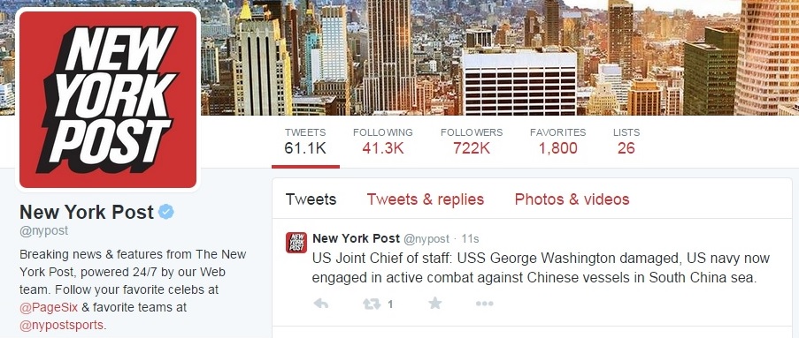 黑客又入侵《纽约邮报》的twitter帐户,发布假消息指中美两国在南中国海爆冲突。