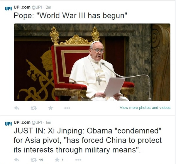 合众社假新闻说 ,教宗“宣布”三次世界大战爆发。