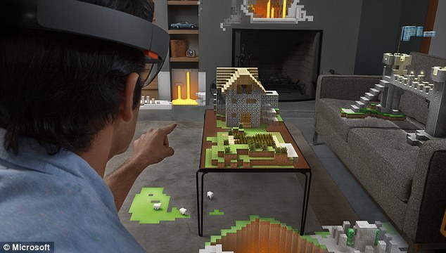 “HoloLens”眼镜可以将虚拟屏幕和物体投射到佩戴者的视野中,微软还为该系统打造了一款Minecraft游戏,并在1月26日与该眼镜一起发布。